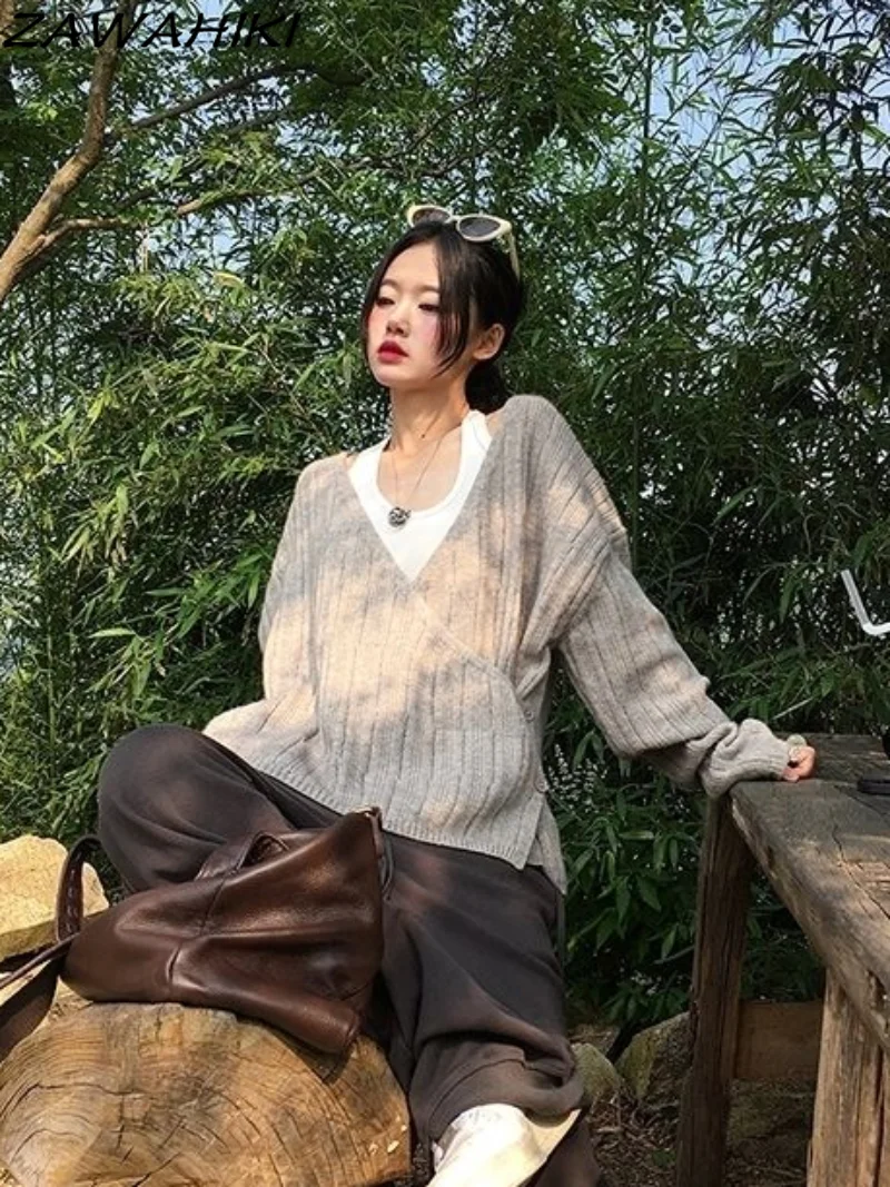 

Elegant Solid Loose Sweater Coats Lace-up V-neck Cardigan Gray Women Oversize Cardigan Women Autumn Winter Sweaters Outwear