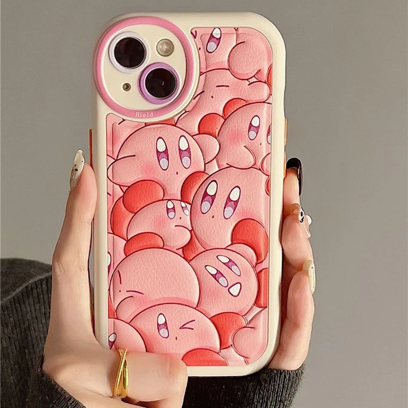 

Cute Cartoon Kirbies Luxury Leather Phone Case for IPhone 14 13 12 11 Pro Max 14 Pro Anti-drop Soft Back Cover Girl Gift