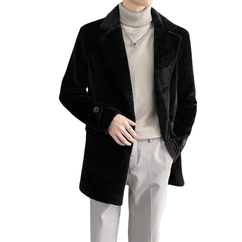 

Autumn Winter Men Imitation Mink Fleece Trench Coat White Black Blue Solid Color Business Banquet Party Casual Jacket Size 3XL-S