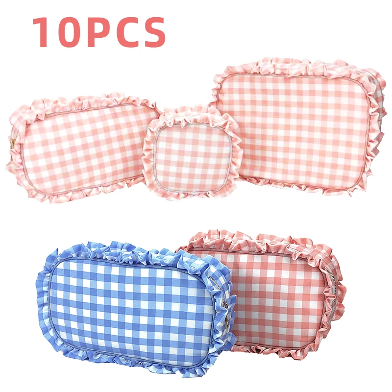 10pcs/set Ruffle Plaid Cosmetic Bag Letter Patch Personalized Nylon Pink Bule Toiletry Bag New Travel Cosmetic Bag Makeup Bag