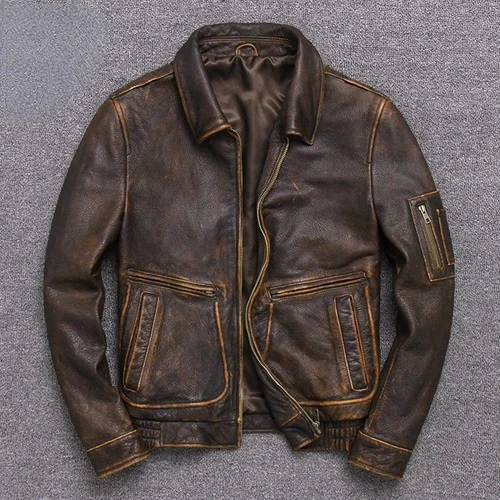 

100% Real Leather Jacket Men's Vintage Cowhide Leather Coat Slim Short Lapel Motorcycle Tops Biker Clothing Trend Spring Fall FC