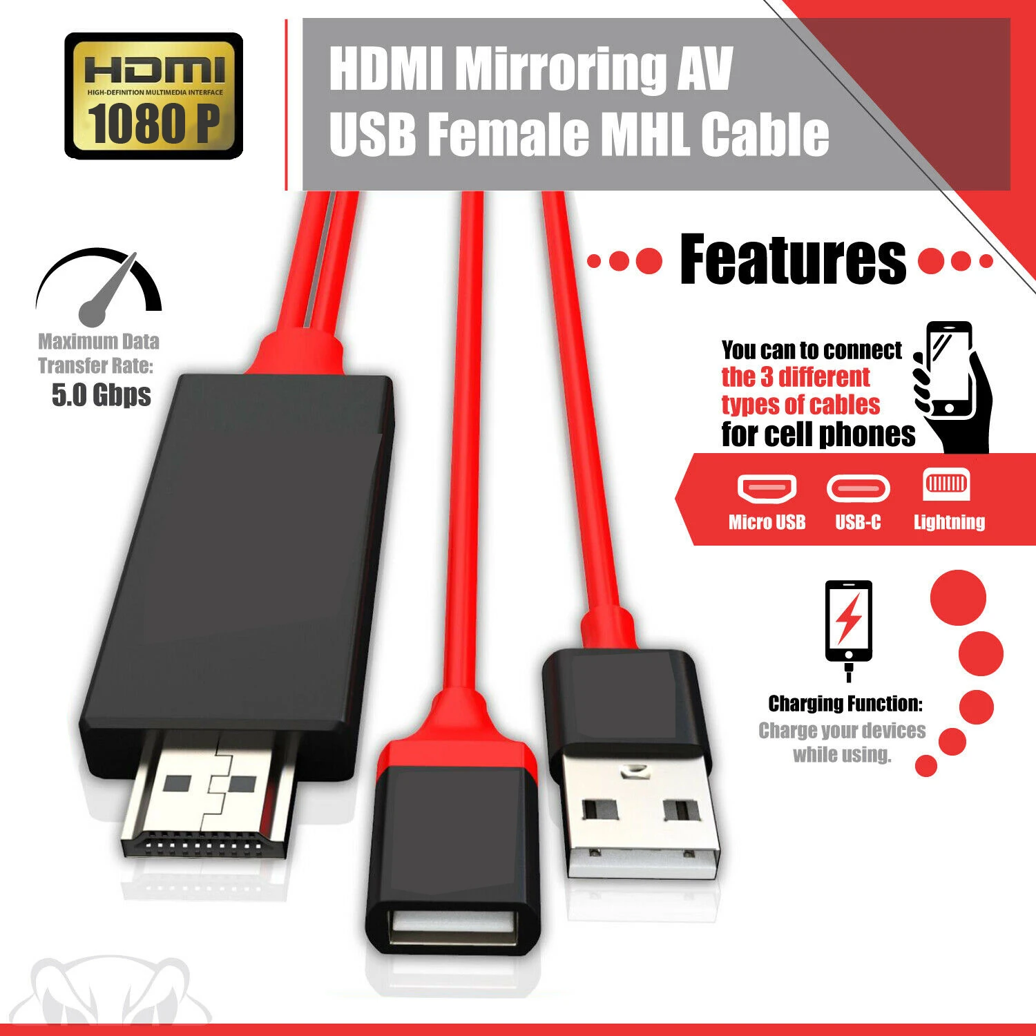 USB Female To HDMI 1080 Male Mirror Cable USB-C/ IOS /Micro USB 3 In 1 Phone Universal Share Screen Video TV Projector Adapter images - 6