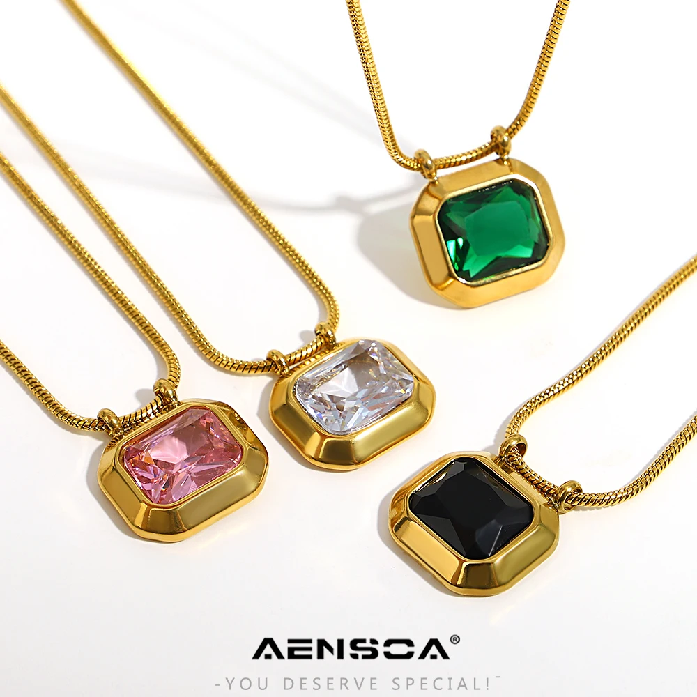 Ожерелье AENSOA из нержавеющей стали 316L с квадратным кулоном блестящее ожерелье