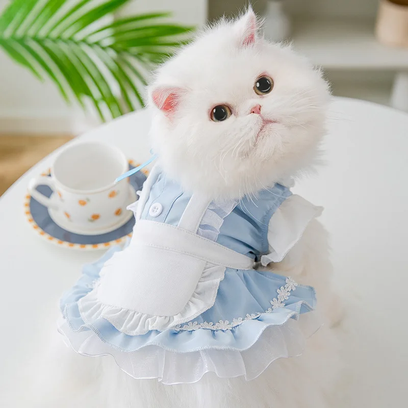 

Cat Lace Maid Dress New Spring Thin Women's Dog Princess Skirt Pet Ribbon Bow Tie Costume Two-legged Dog Clothes Pet Accessories