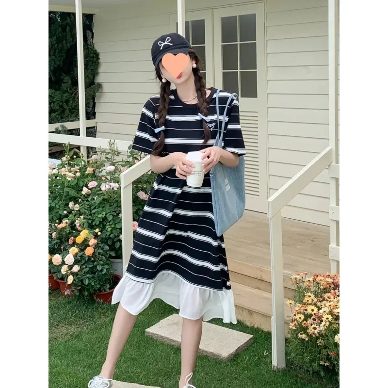 Корейское полосатое платье 2024 новое женское свободное повседневная тонкая