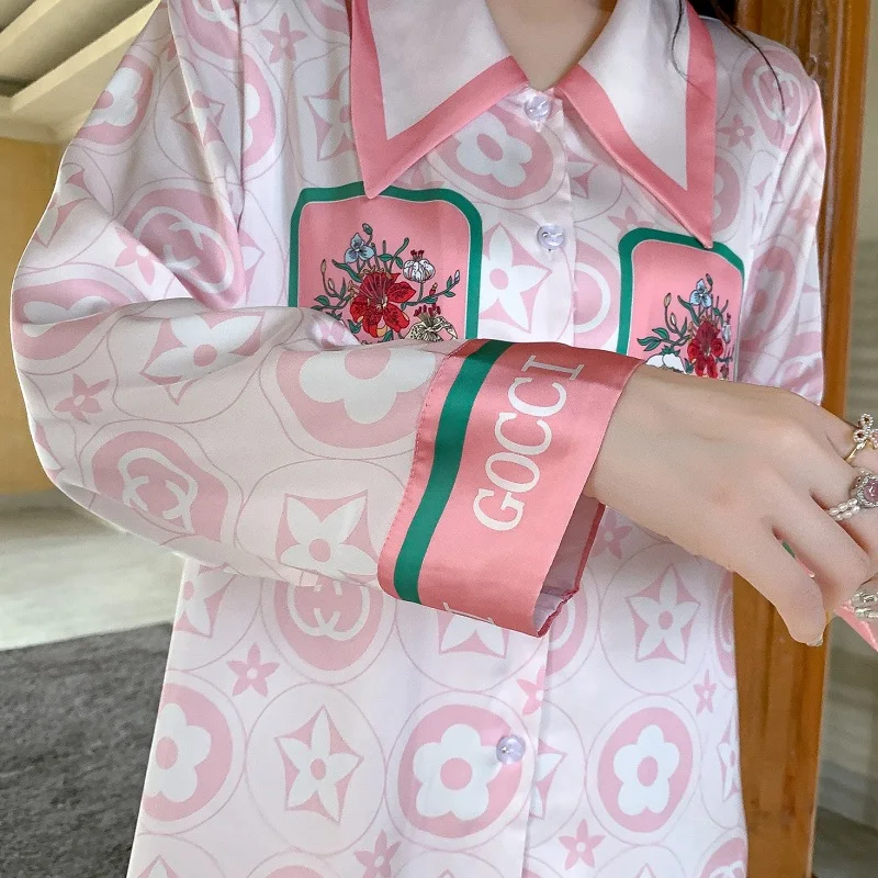 

Pyjama Pour Femme Long Sleeve Letter Printed Sleepwear Sation Silk Luxury Fashion Pijama Mujer Pajamas Nigthwearr