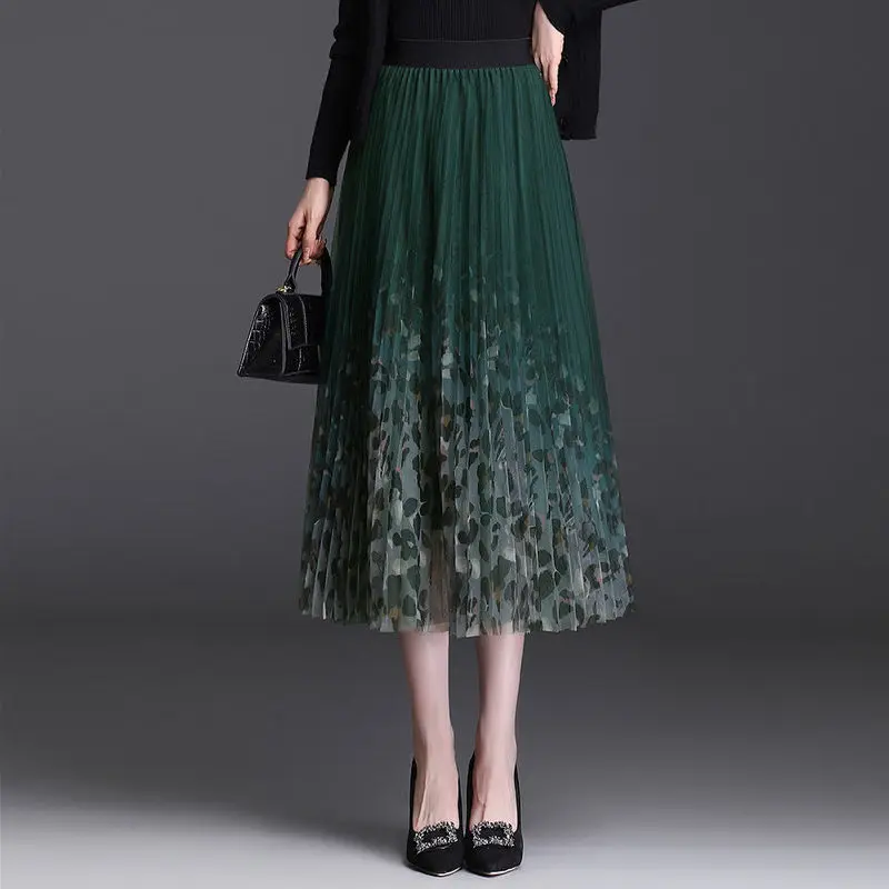 

2022 Spring Summer Women's New Midi Long Loose Skirts Female High Waist Pleated Skirts Ladies Printed Mesh Casual Skirts H66
