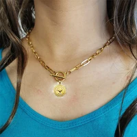 womens coin necklace stainless steel vintage metal coin medallion pendnat toggle necklace for women men long choker jewelry