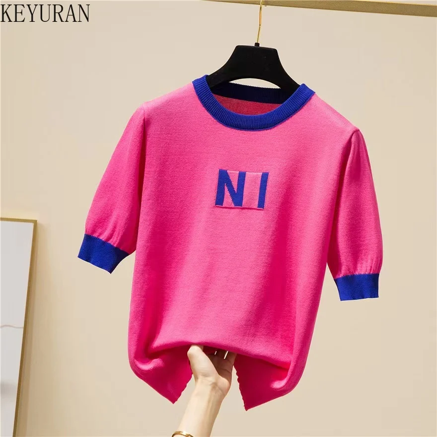 

Футболка женская трикотажная с коротким рукавом, тонкий топ из вискозы, с надписью, контрастных цветов, Повседневная Свободная рубашка, на л...