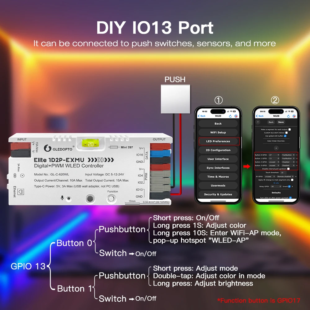Контроллер GLEDOPTO 1D2P-EXMU Digital+PWM WLED Elite Series ESP32 для светодиодных лент с Ethernet, синхронизацией музыки и поддержкой Alexa Smart Lighting (art.: 3920dbdf5c650) - 3920dbdf5c650