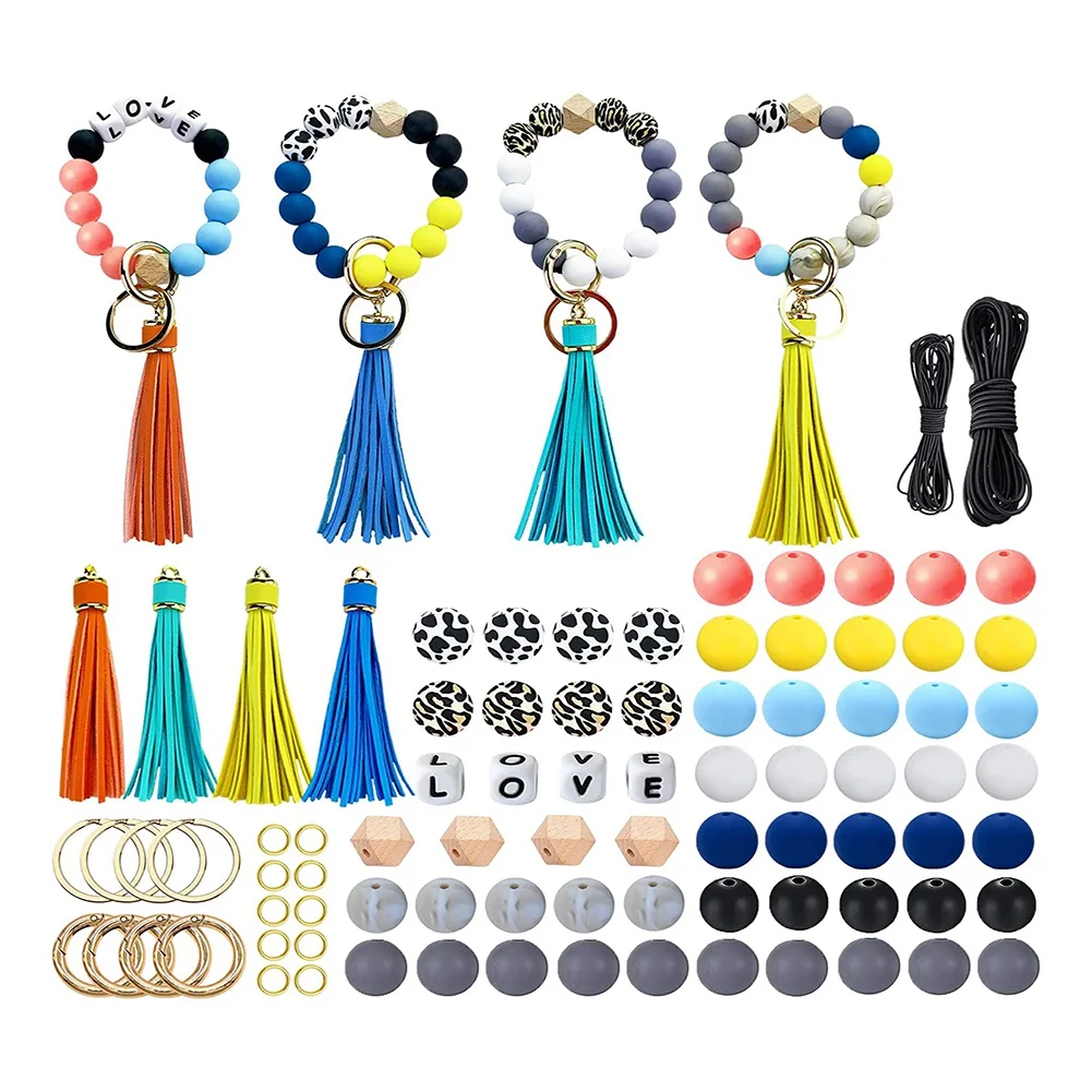 

Beaded Making Kit for Bracelet Car Wristlet Keychain, 15Mm Round Beaded Tassel Elastic Key Ring for Women DIY Bracelet