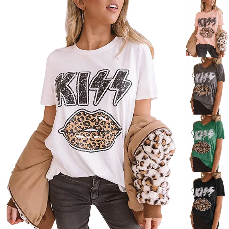 

Women's New Kiss Print Leopard Print Lips Round Neck Short-sleeved Blouse Summer Casual Fashion Commuter All-match T-shirt Lady