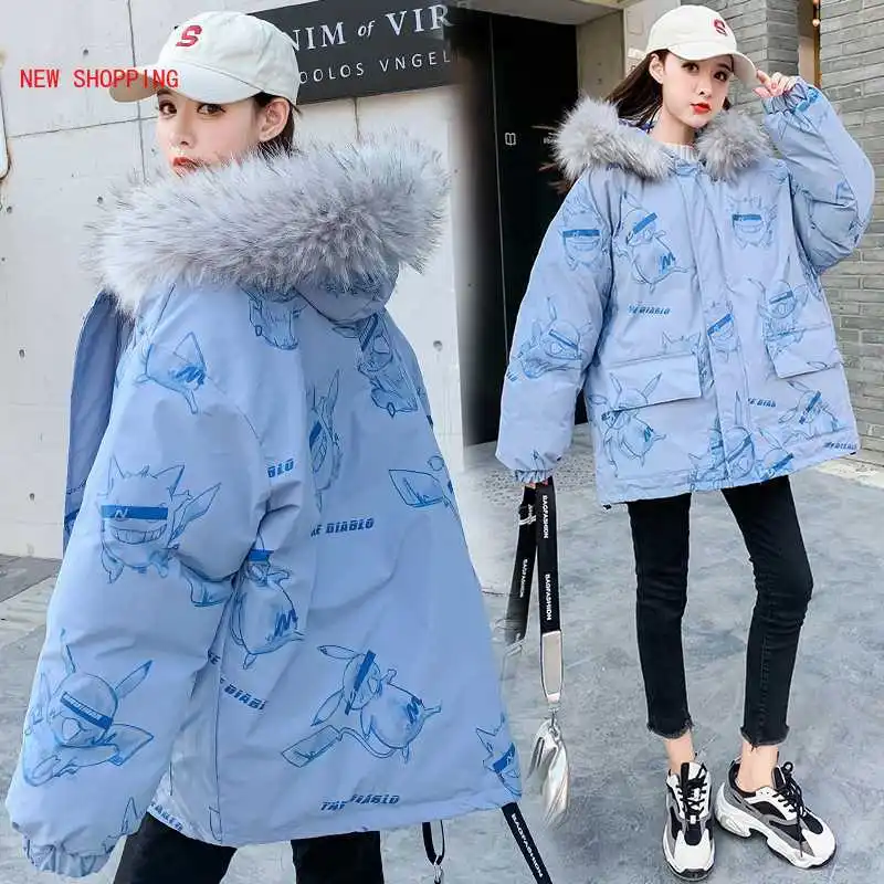 Parka Women Cotton Padded Jacket Fur Hooded Winter Warm Thick Jackets Outwear Hip Hop Fur Collar Sweet Kawaii Oversize Coat