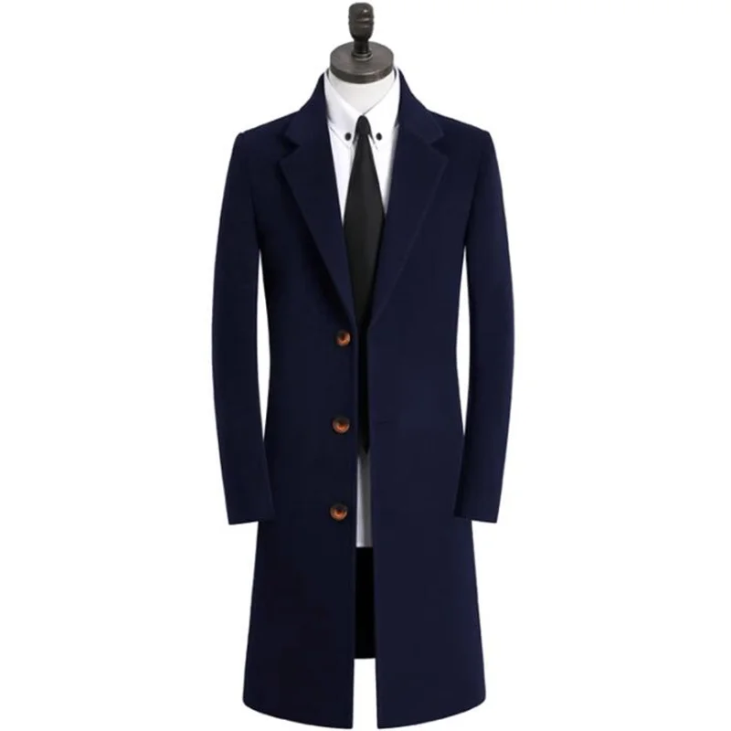 

Winter Woolen Coats Men'S Middle-Aged Young Business Casual Long Single Breasted Blue Overcoat Cashmere Trench Casaco Masculino