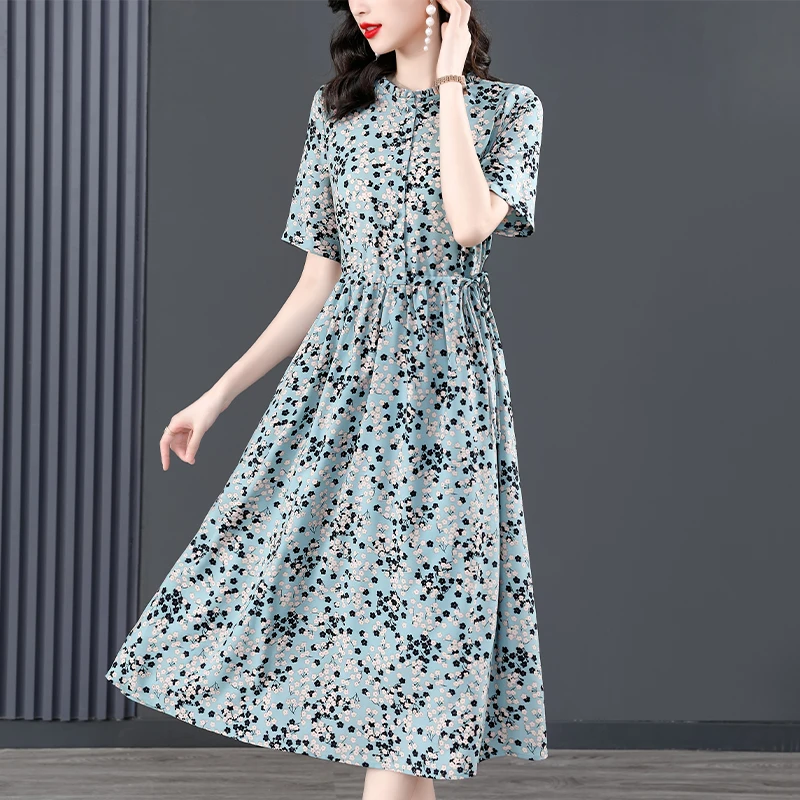 Summer New Women's Dress Plus Size5XL Ice Silk Printing Dresses Female Korean Short-Sleeved Over The Knee Lady |