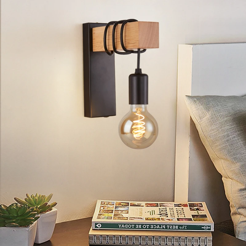 

Retro Iron Wood Wall Lamp E27 Modern Nordic Indoor Sconce Wall Light Fixture for Home Decor Dining Room Bedside Bedroom Lighting