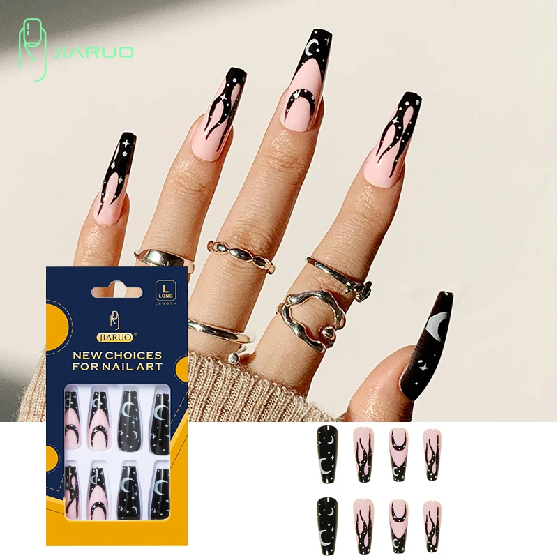 

JIARUO 24PCS/BOX Long Press on Nails Coffin Fake Nail Full Cover Tip Black and White Nail Art Supplies for Profess Tips Art Y2k