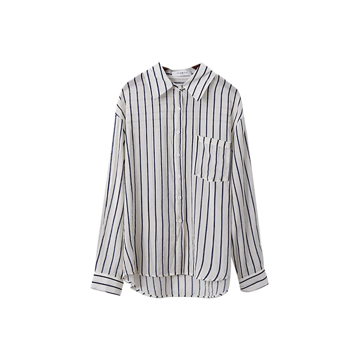 

Korean Style Striped Women Shirt Summer Trendy Sunscreen Casual Long Sleeve Single-breasted Turn-down Collar Asymmetrical Blouse