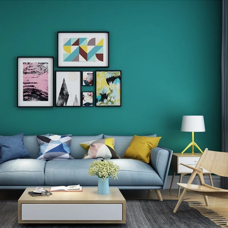 

[Waterproof Stain-Resistant] Peacock Blue and Green Solid Color Plain Wallpaper Modern Simple Bedroom Living Room Background