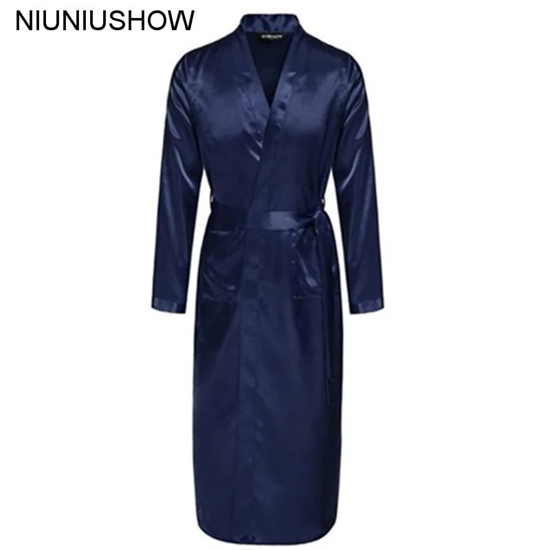 

Navy Blue Chinese Men Silk Rayon Robe Summer Casual Slpwear V-Neck Kimono Yukata Bath Gown Size S M L XL XXL