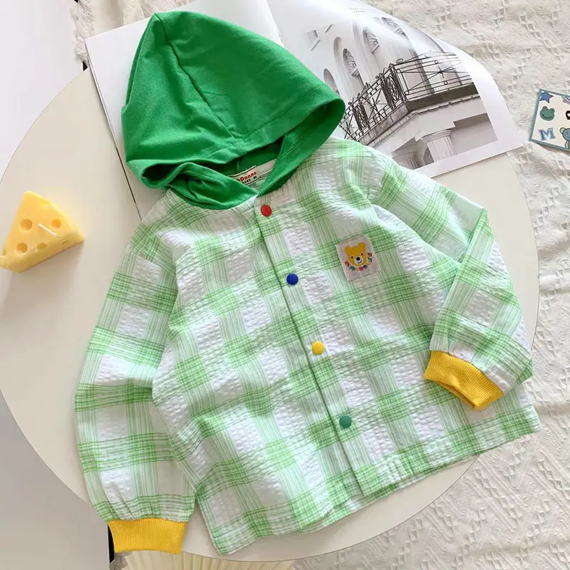 

Children's Clothing Summer Boys' Casual Sun Protection Clothing Thin Plaid Hooded Jacket Cardigan Jacket