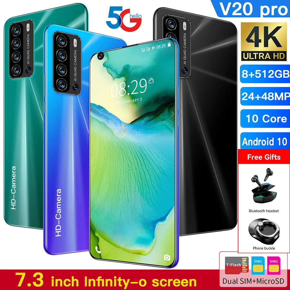

Смартфон V20 Pro, 7,3 дюйма, 12 Гб, 512 ГБ, 5600 мАч, Android 10, 4g