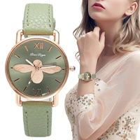 simple little bee design women watches vintage green leather ladies luxury wristwatches fashion casual female quartz clock