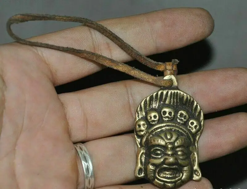 

old Tibetan bronze Buddhism Leather Mahakala Buddha head Statue amulet Pendant