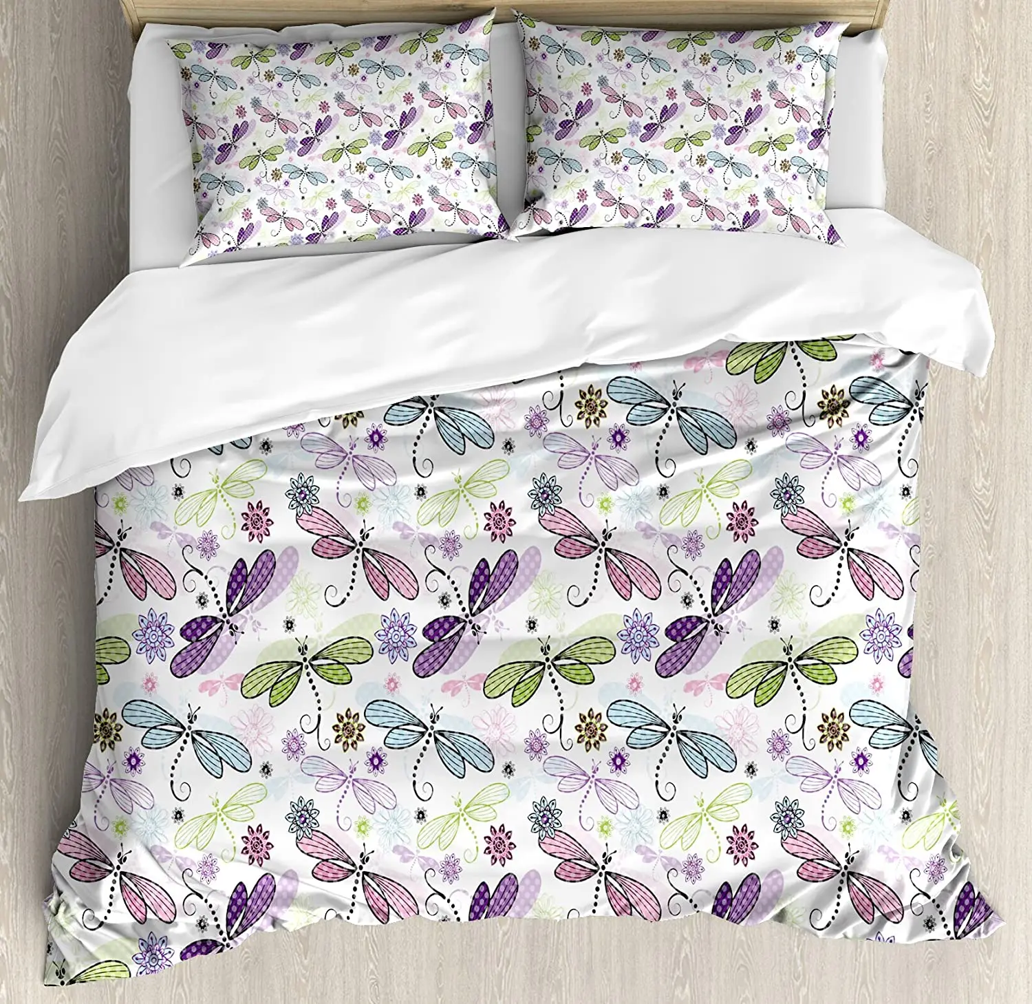 

Dragonfly Bedding Set Comforter Duvet Cover Pillow Shams Abstract Bugs with Ethnic Hippie Style Ske Bedding Cover Double Bed Set