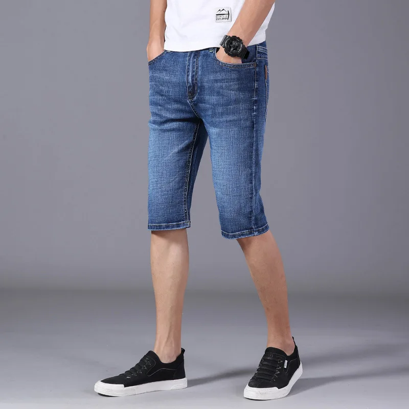 Мужские джинсовые шорты 2023 летние модные брендовые Стрейчевые тонкие хлопковые ковбойские мужские бриджи до колена синие повседневные джинсовые шорты для мужчин