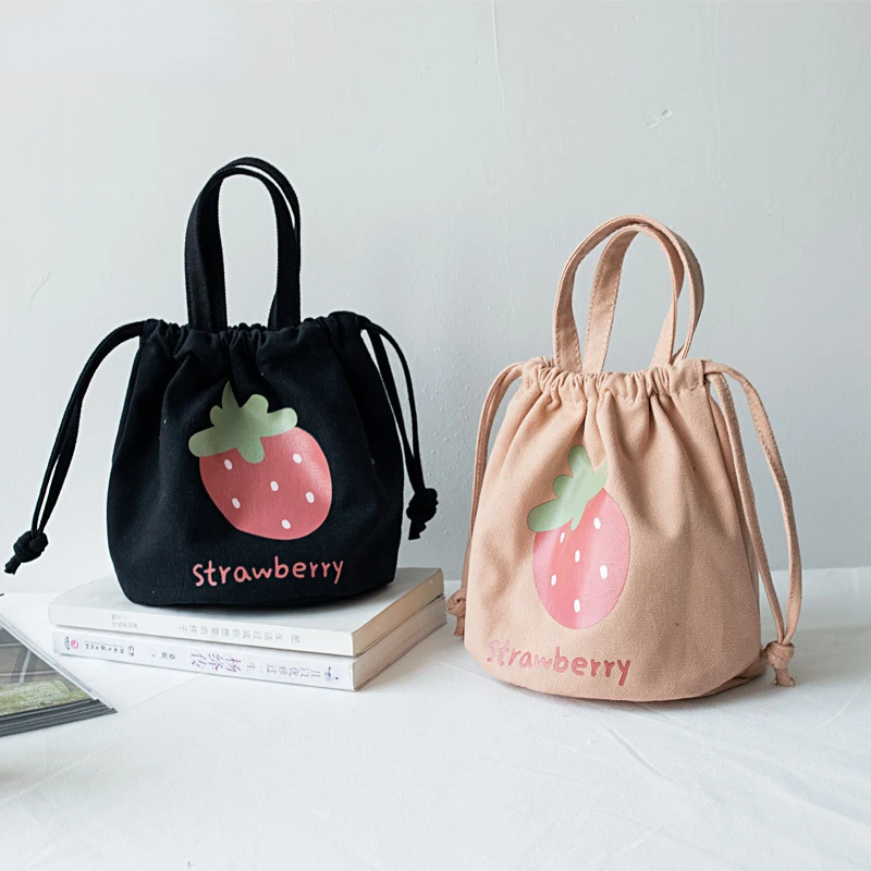 

Mini Canvas Drawstring Bag Female Cartoon Strawberry Handbag Bucket Bag Lunch Box Small Cloth Bag Women Tote Food Bags