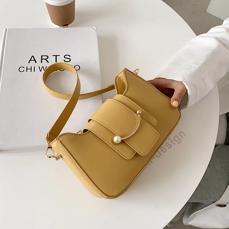 

Yellow Small Fashion PU Leather Crossbody Bag for Women 2021 Summer Luxury Baguette Shoulder Purses and Handbags Pearl Designer