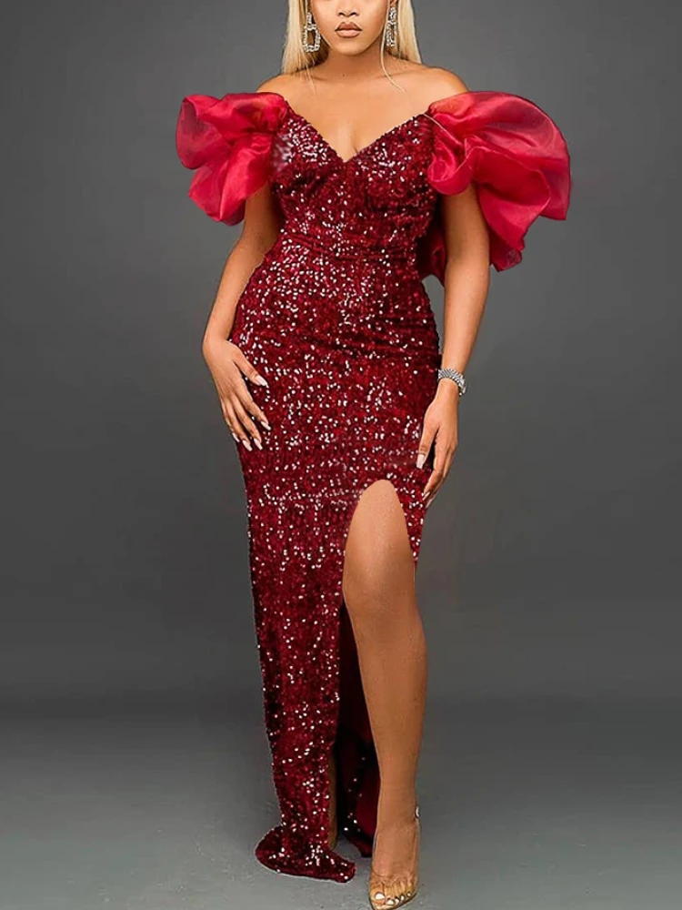 

2022 Women Sexy Dress Sequins High Slit Off Shoulder Fluffy Sleeve Velvet Robe Maxi Long Formal Party Evening Prom Gown