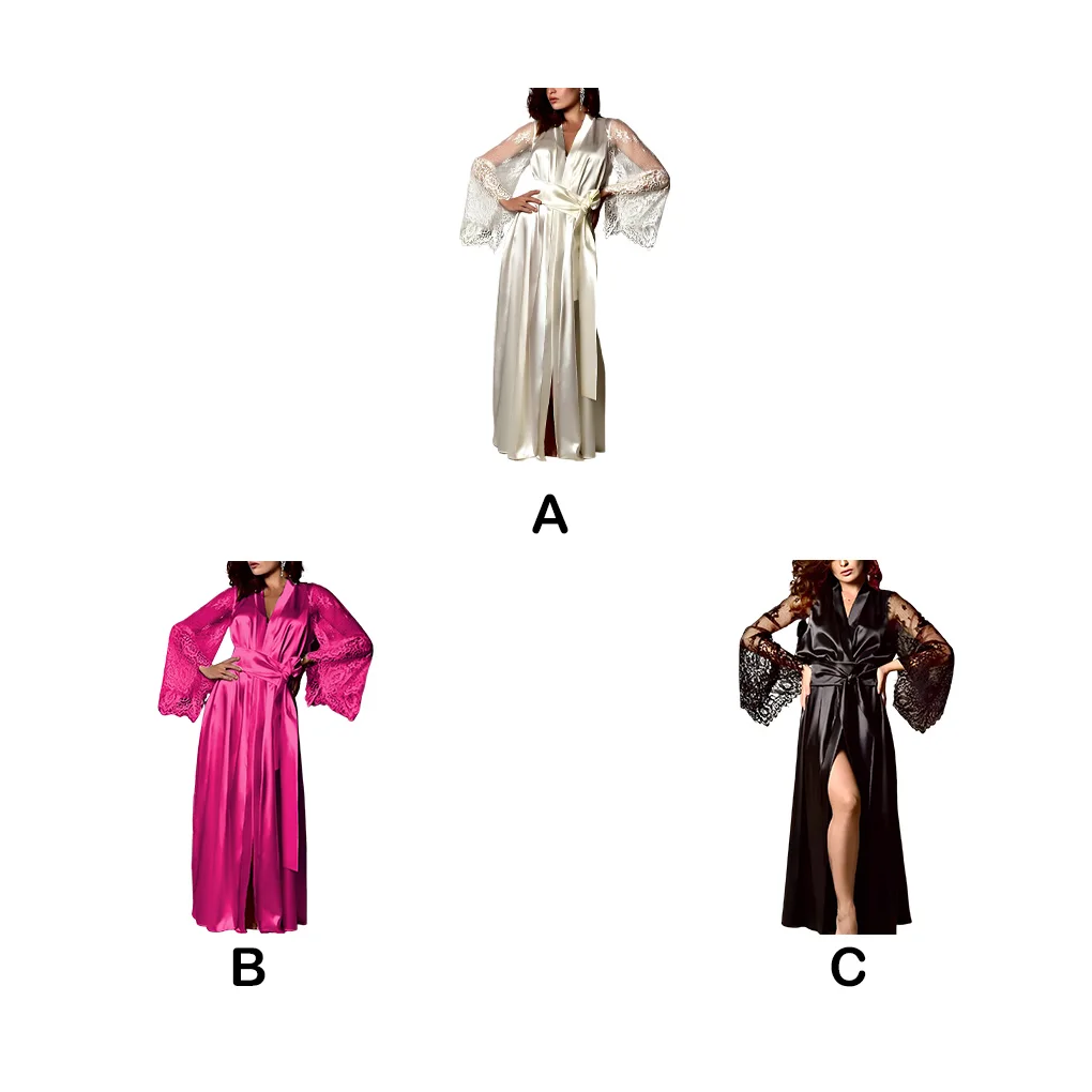 

2/3 Lady Sleeping Gown Satin Smooth Surface Nightdress Sexy Sleepwear Sexy Long Robe Nightgown Wedding Bathing Spa