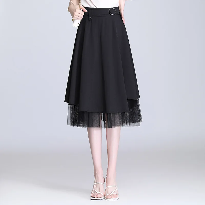 

Women Irregular Mesh Splice High Waist Black Skirt 2022 Spring Summer Office Lady Elegant Loose Casual Mid-long Skirts 8316