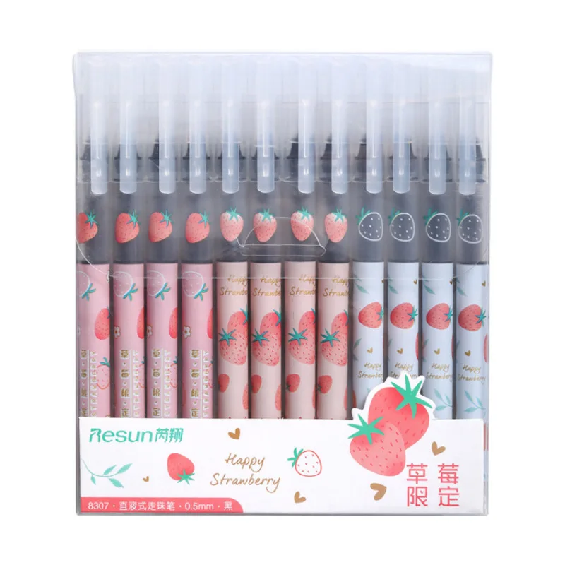 

12pcs Stationery Quick-drying Straight Liquid Ballpoint Pen Black Large-capacity Neutral Signature Pen Office Student Fruit