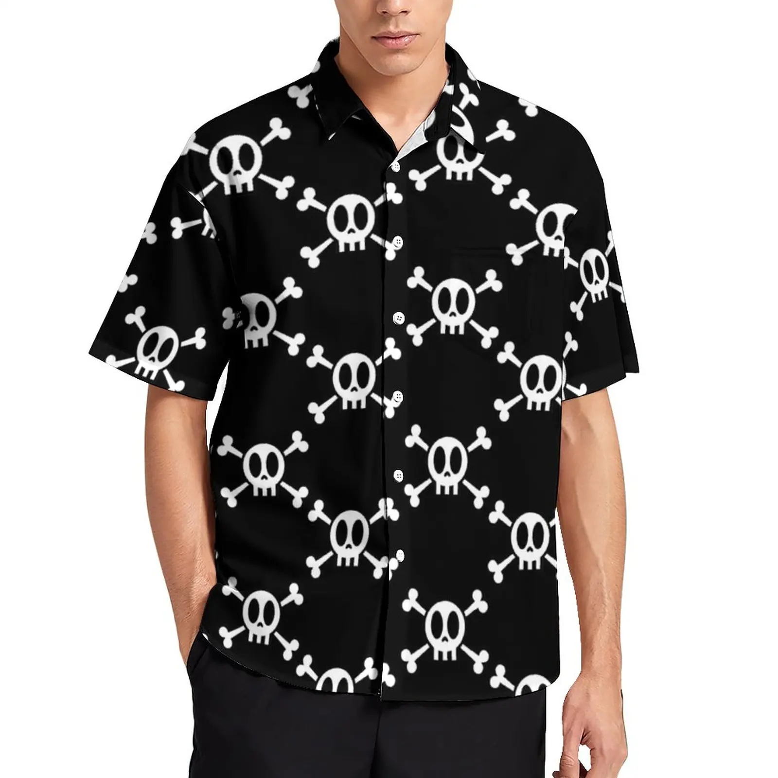 

Kawaii Skeleton Casual Shirts Skull and Crossbones Vacation Shirt Summer Aesthetic Blouses Man Print Big Size