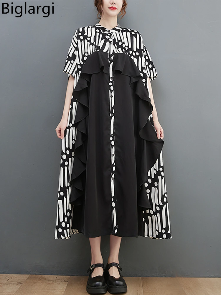 

Chiffon Vintage Shirt Dress For Women Polka Dot Oversized Ruffles Loose Casual ladies dresses Long Summer Dress Elegant 2023