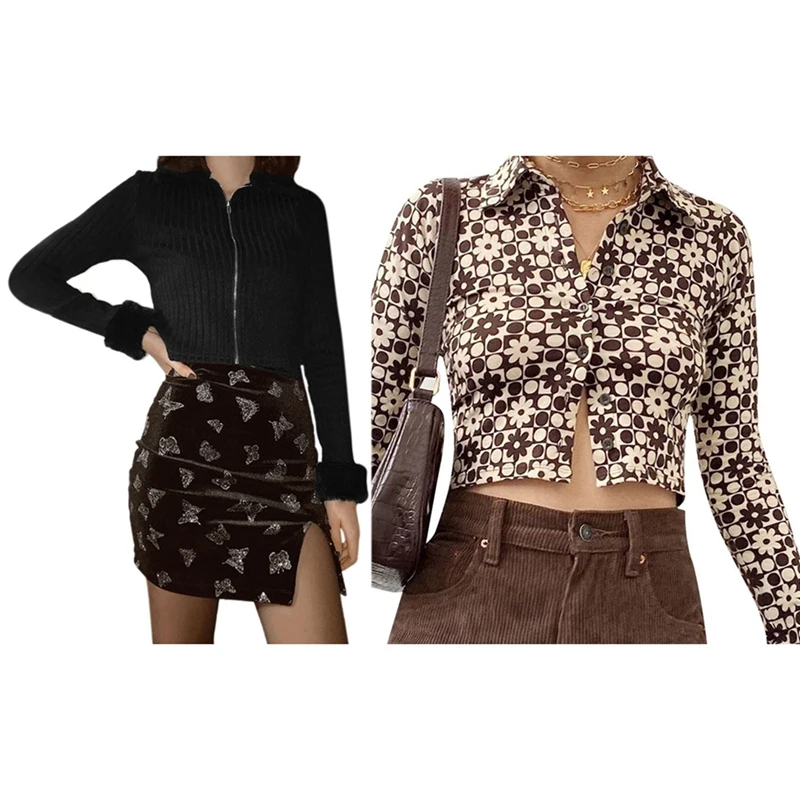 

Girl Zip Up Collar Knitted Cardigans Jackets Black L & Women T Shirt Vintage Brown Flower Cardigan Shirts L