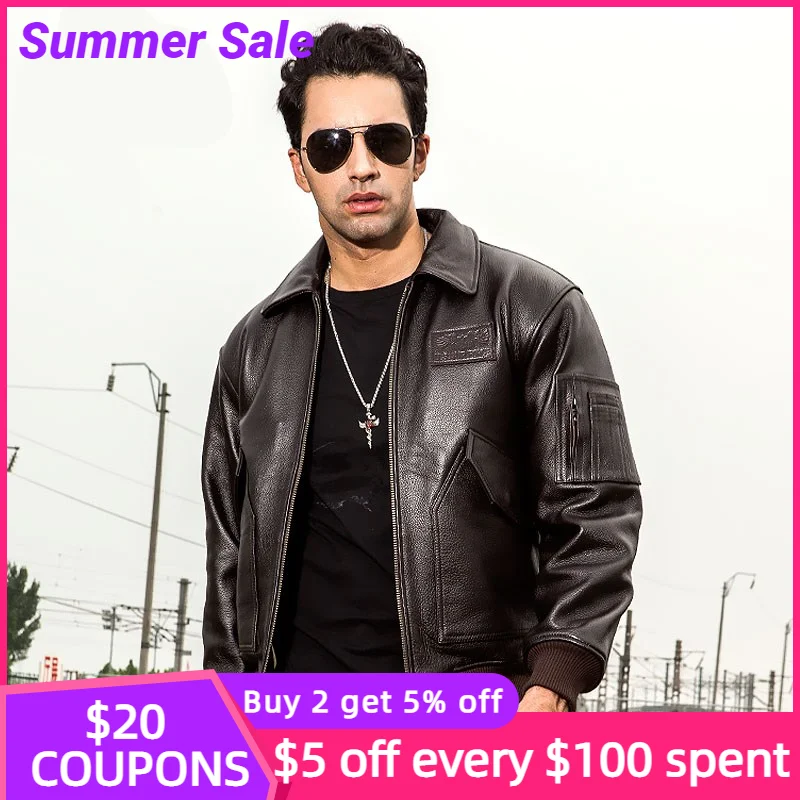 

2022 Brown Men USAF Pilot Leather Jacket Europe Size XXL Genuine Cowhide Autumn American Military Style Aviation Coat