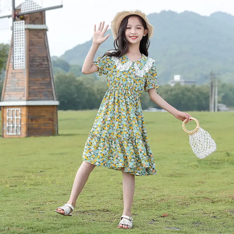 

2022 шифоновое платье с кукольным воротником для девочек; Детская летняя модная юбка принцессы; Тонкое платье с цветочным рисунком для малень...