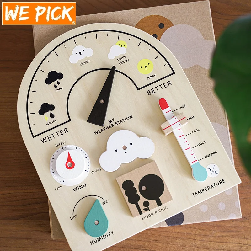 Kids Wooden Early Educational Toy Weather Station Weather Temperature Record Activity Board Growth Learning Teaching Toys
