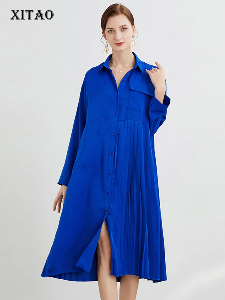 

XITAO Pleader Splicing Shirt Dress Solid Color Casual Fashion Loose Large Size Simplicity Turn-down Collar Women New ZY6530