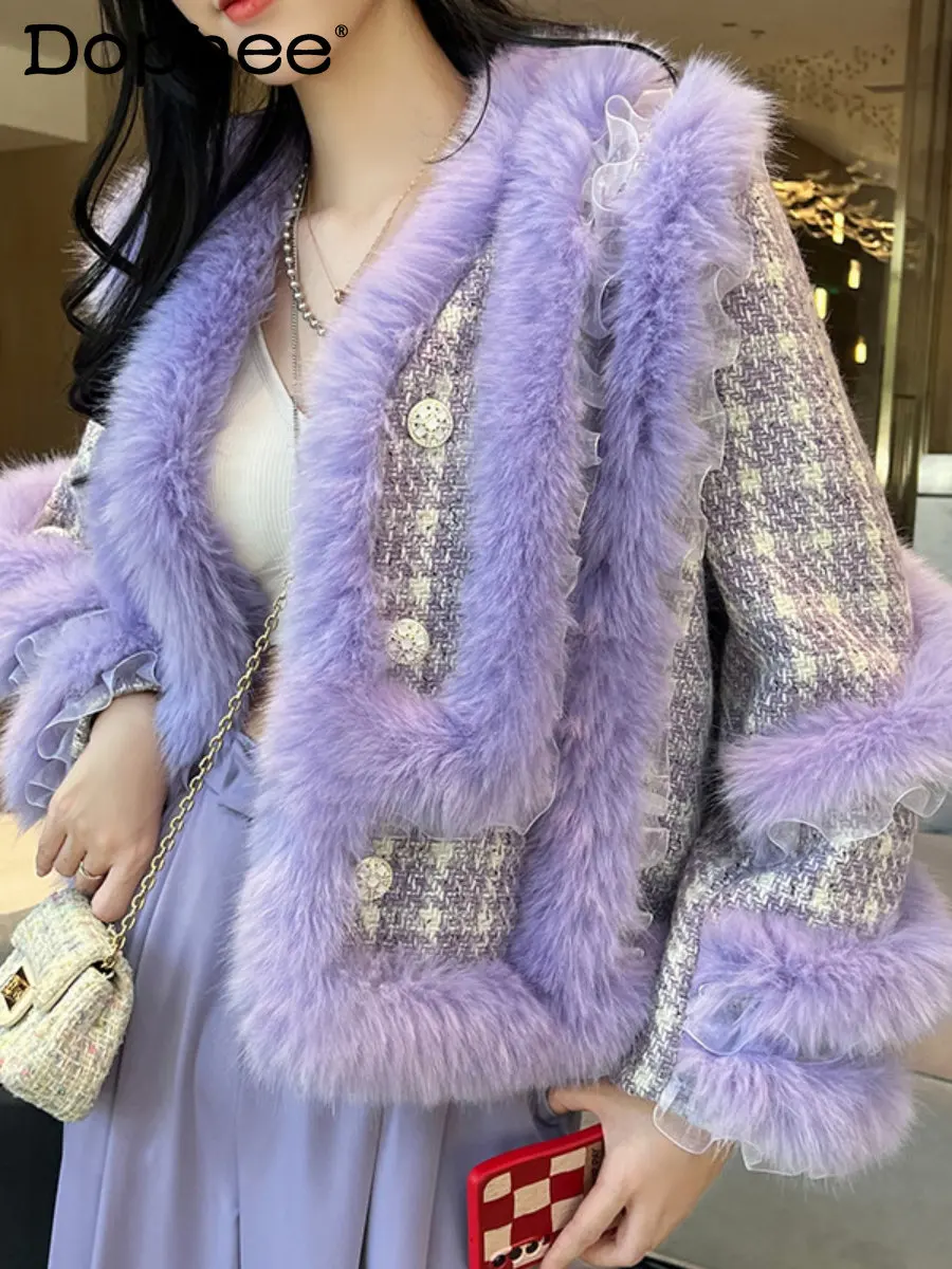 2022 Winter New Luxury Fox Fur Stitching Purple Fur Coat Women Socialite V-neck Long Sleeve Double Breasted Woolen Jacket Casaco