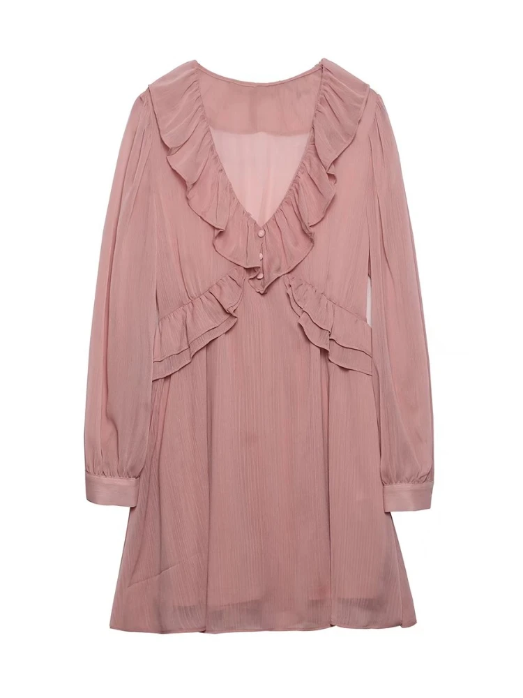 

BBWM Vintage Solid Puff Sleeve Ruffle Women Mini Dresses 2022 New Spring Fashion Elegant Female V Neck Chiffon Dress Loose Chic