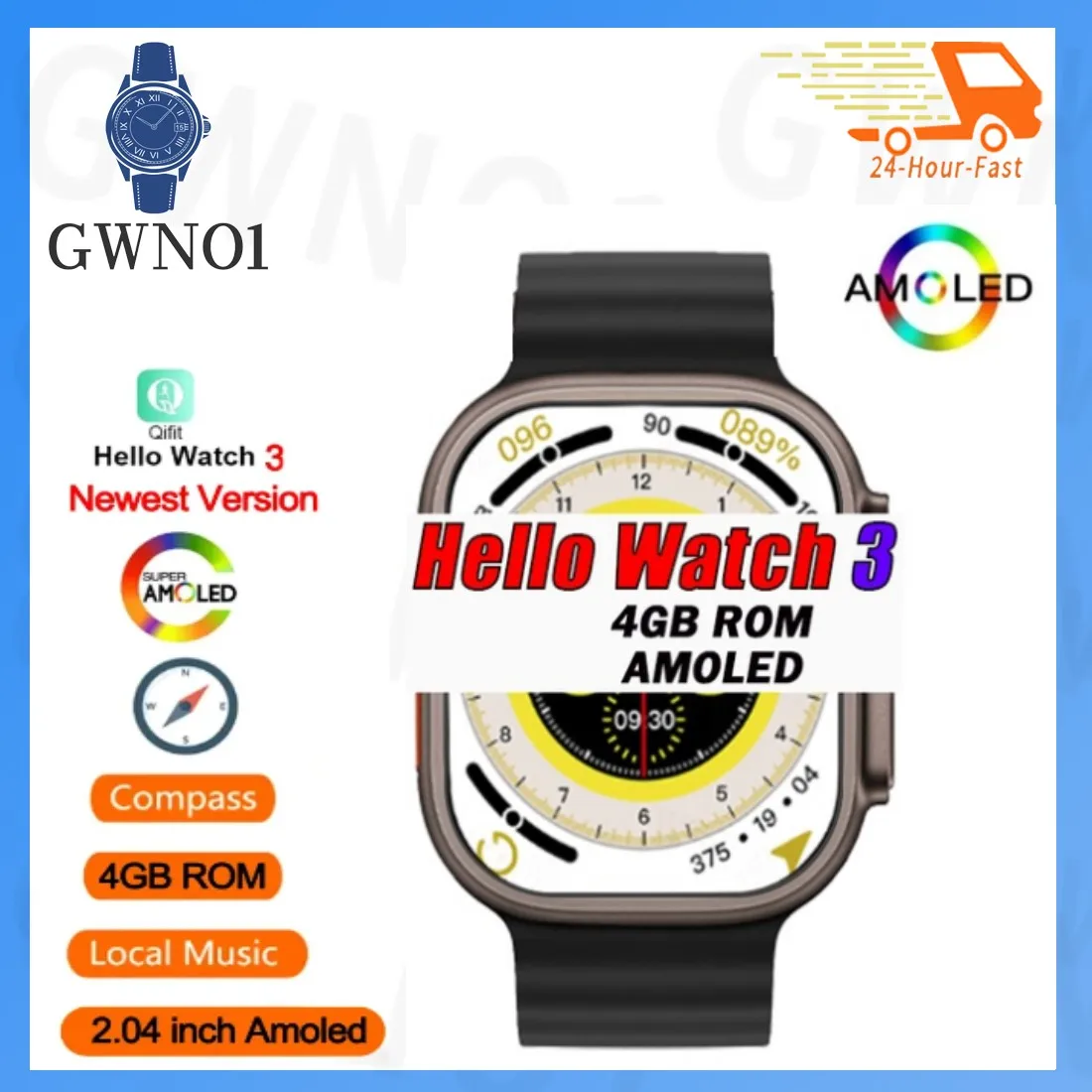 

Hello Watch 3 AMOLED Smart Watch Men H11 Ultra Upgraded 2.04 Inch Titanium NFC Compass Smartwatch with 4GB ROM for Android IOS