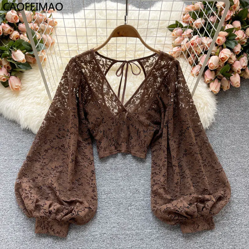 

Caofeimao 2023 Autumn Black/White/Brown Sexy Lace Blouse Women Elegant V-Neck Puff Long Sleeve Open Back Short Tops