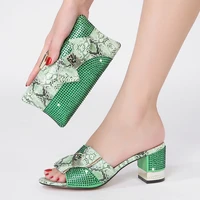 2022 new luxurious snake print bow rhinestone ladies round head high heel slippers with summer banquet fashion chain clutch