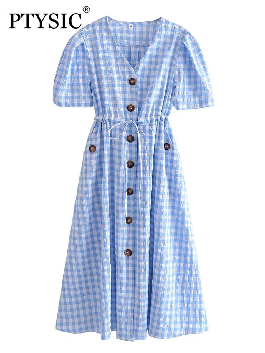 

PTYSIC женское модное Бандажное клетчатое платье с V-образным вырезом 2022 однобортное винтажное милое платье с завышенной талией