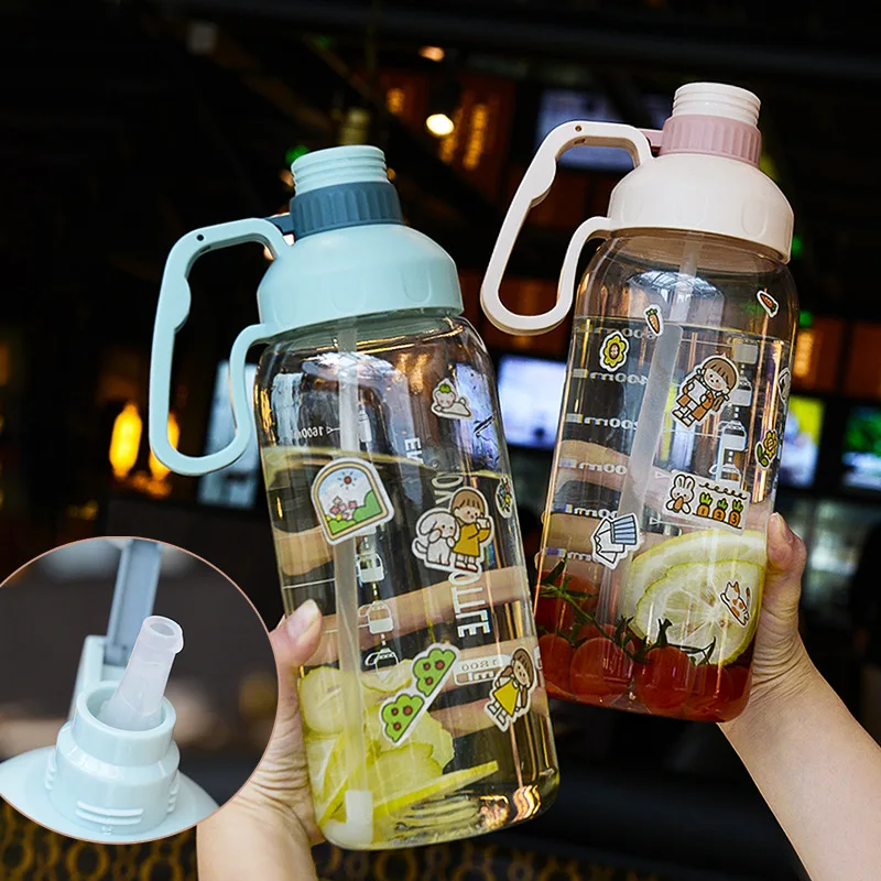

1800ml Large Capacity Plastic Water Bottle for Men Women With Straw Kawaii Jumbo Bottle Outdoor Portable Anti-fall Sports Kettle